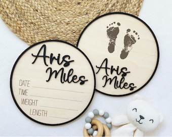 Personalized Baby Announcement Sign | Wooden Birth Stats & Footprint Sign | Newborn Keepsake Gift