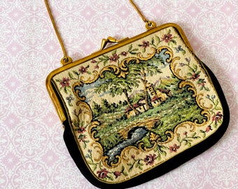 Renaissance Style Needlepoint bag, Tapestry purse, needlepoint purse, petit point purse, embroidered purse, vintage purse, vintage