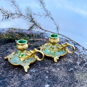 Pair of 2  antique candlesticks, Louis XV style, rococo style, French Bronze