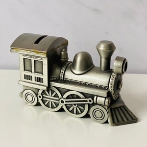 Vintage Train Coin Bank, Locomotive Piggy Bank, pewter money box, Baby Gift, Cast Metal Coin Bank, Choo Choo coin bank