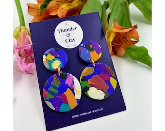 Cobalt Blue Abstract Stud Dangles | Polymer Clay Earrings | Statement Earrings | Multicoloured | Rainbow | Hypoallergenic | Free Shipping