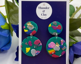 Teal Abstract Stud Dangles | Polymer Clay Earrings | Statement Earrings | Multicoloured | Rainbow | Hypoallergenic | Free Shipping