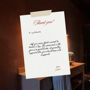 May include: A handwritten thank you note on cream paper, taped to a surface. The note says "Thank you!" and includes a message of gratitude and appreciation, signed "Robin."