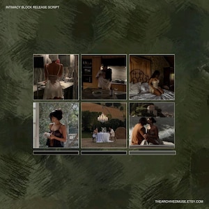 May include: A collage of six images with a romantic theme. The images depict intimate moments, including a person in a silk nightgown, a couple in a kitchen, and a couple on a boat. The text "INTIMACY BLOCK RELEASE SCRIPT" is at the top.