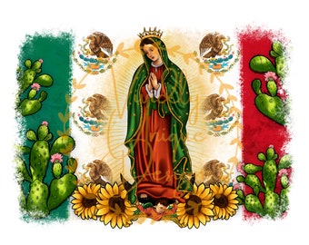 Puede incluir: Una ilustración digital de la Virgen María, representada con una túnica verde y un vestido rojo, de pie sobre un fondo amarillo con una corona. El fondo es una bandera mexicana estilizada con cactus y girasoles.