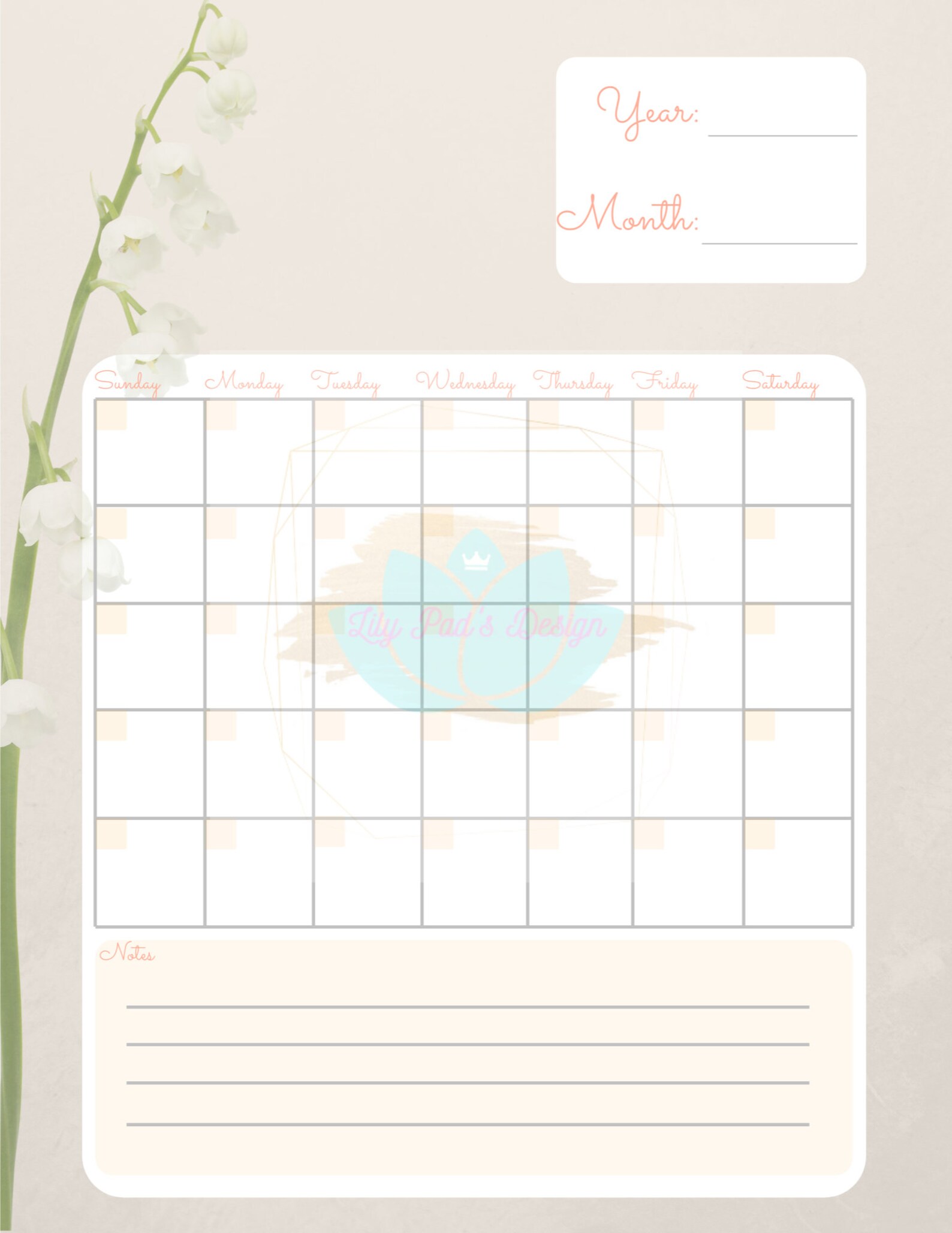printable monthly calendar pdf with note section lily of the etsy