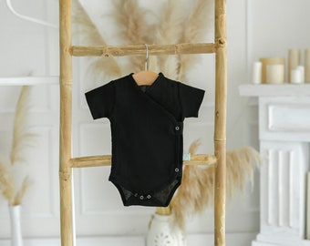 Wrap Organic Cotton Baby Black Bodysuits, Linen Newborn Kimono Bodysuit, Gift for Baby, short sleeve bodysuits