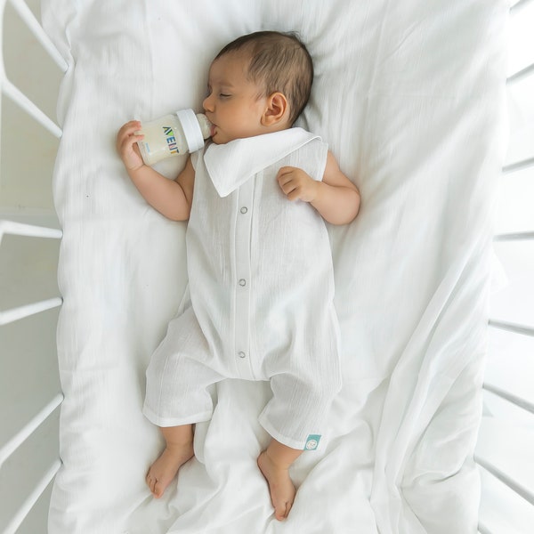 Organic Cotton Baby Jumpsuit, Baby Romper, white linen, newborn romper