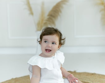 Organic Cotton Frilly Jumpsuit, Baby Ruffles Romper, white linen, newborn romper, playsuit