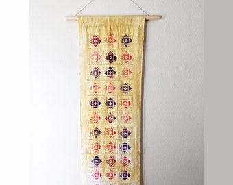 Long Tapestry with Hanger and Colorful Rustic-Folk Block Print Pattern