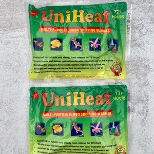 May include: Two green and yellow UniHeat multi-purpose jumbo shipping warmers with a white background. The warmers are designed for reliable and steady heat release for 72 hours. They are ideal for shipping live insects, reptiles, tropical fish, flowers, and other items. The warmers have a color indicator to show when they are working. The text on the warmers says "72+ Hours" and "Environmentally Safe".