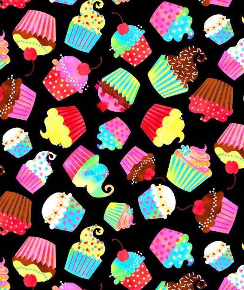 Cupcakes On Black Cotton Fabric Fat Quarter