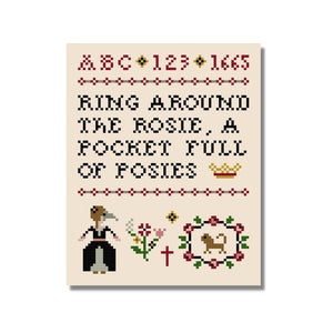 Puede incluir: Patrón de punto de cruz con un esquema de color rojo, blanco y azul. El patrón presenta una mujer con un vestido negro, un perro, flores y el texto "ABC + 123 + 1665 RING AROUND THE ROSIE, A POCKET FULL OF POSIES".