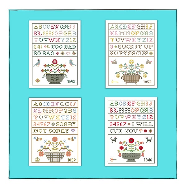 4 Snarky Samplers, Set of Cross Stitch Patterns, PDF Files, Funny, Flower Bouquets