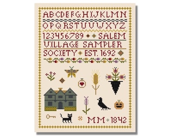 Salem Village, heks, kruissteekvoorbeeld, kruissteekpatroon, pdf-bestand, halloween, herfst