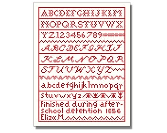 Funny, Schoolgirl Sampler, Cross Stitch Pattern, PDF File, Red Sampler