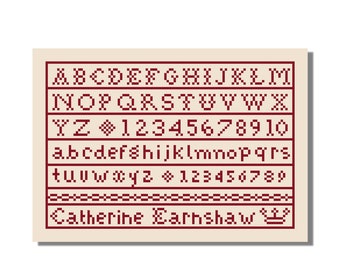 Svindlande höjder, Catherine Earnshaw, Sampler, Korsstygnsmönster, PDF-fil, Emily Brontë, Rött Sampler