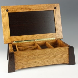 Classic wooden multi purpose box made of quarter sawn oak with African wenge wood accents for keepsakes, jewelry, desktop and more!