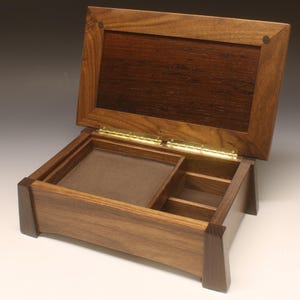 Classic wooden multi purpose box of solid walnut with African wenge wood leg and panel lid accents for keepsakes, jewelry, desktop and more!