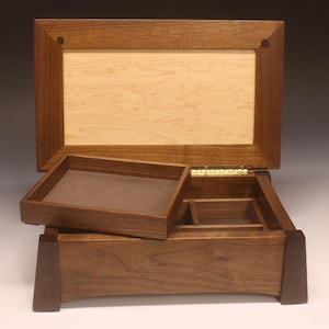 Classic wooden multi purpose box of solid walnut, wenge wooden legs and Birds Eye maple panel lid for keepsakes, jewelry, desktop and more!
