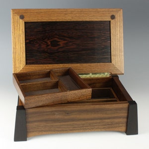 Classic wooden multi purpose box of solid walnut with African wenge wood leg and panel lid accents for keepsakes, jewelry, desktop and more!