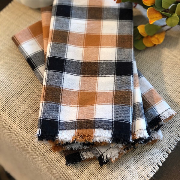 Tan and Black Plaid Cloth Napkins (Set of 4)