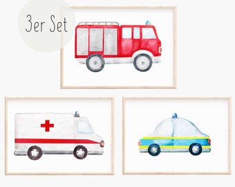 May include: Set of three framed watercolor prints featuring emergency vehicles. Includes a red fire truck, a white ambulance with a red cross, and a blue and yellow police car. The text "3er Set" is in a circle in the upper left.