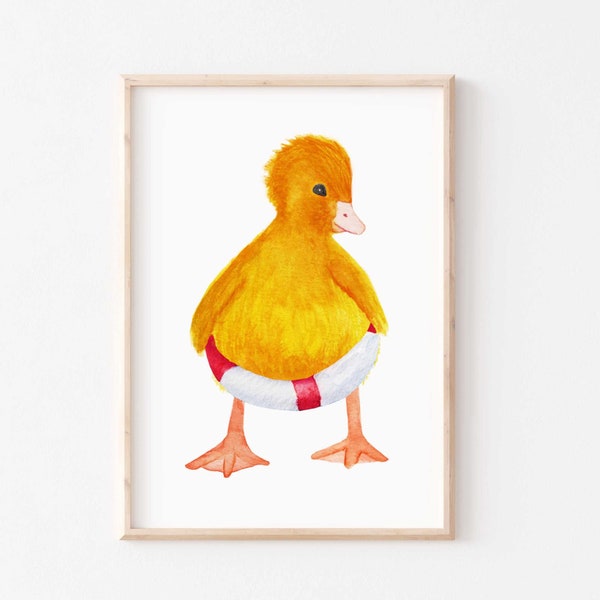 Ente Kinderbild - Bild Entenküken mit Schwimmring - Baby Ente Kinderzimmerdeko - Babyzimmer Bild Küken - Kunstdruck für Kinder