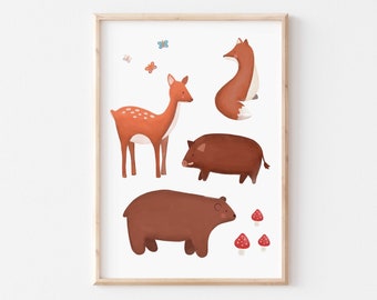 May include: A framed art print featuring illustrations of woodland animals. The print includes a deer with white spots, a fox, a boar, and a bear, all in shades of brown. Small red mushrooms and butterflies are also included.