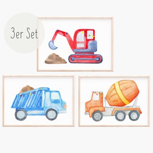 Set of 3 construction vehicles nursery wall art - boy's room decor building site excavator, truck, concrete mixer prints for kids