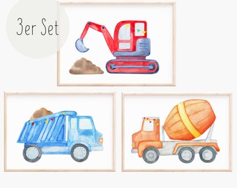 Set of 3 construction vehicles nursery wall art - boy's room decor building site excavator, truck, concrete mixer prints for kids