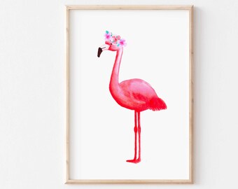 Kinderbild Flamingo - Wanddekoration für Mädchen - Kunstdruck für Kinderzimmer und Babyzimmer - Flamingo mit Blumen