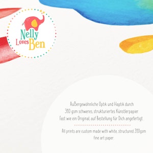May include: A watercolor-style print with a logo featuring a pink elephant with yellow accents and the text "Nelly Loves Ben." The background has blue, yellow, and red watercolor strokes. The text at the bottom says "All prints are custom made with white, structured 310gsm fine art paper."