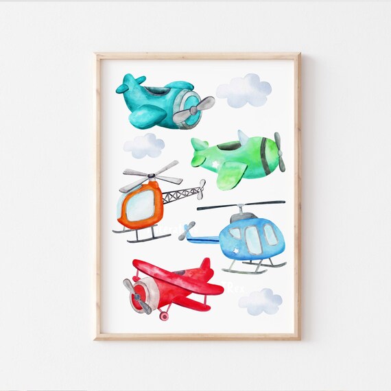 Flugzeuge und Hubschrauber Bild für Kinder - Luftfahrt Kinderbilder - Helikopter und Flugzeug Kinderzimmerbild - Flugzeug Deko für Junge