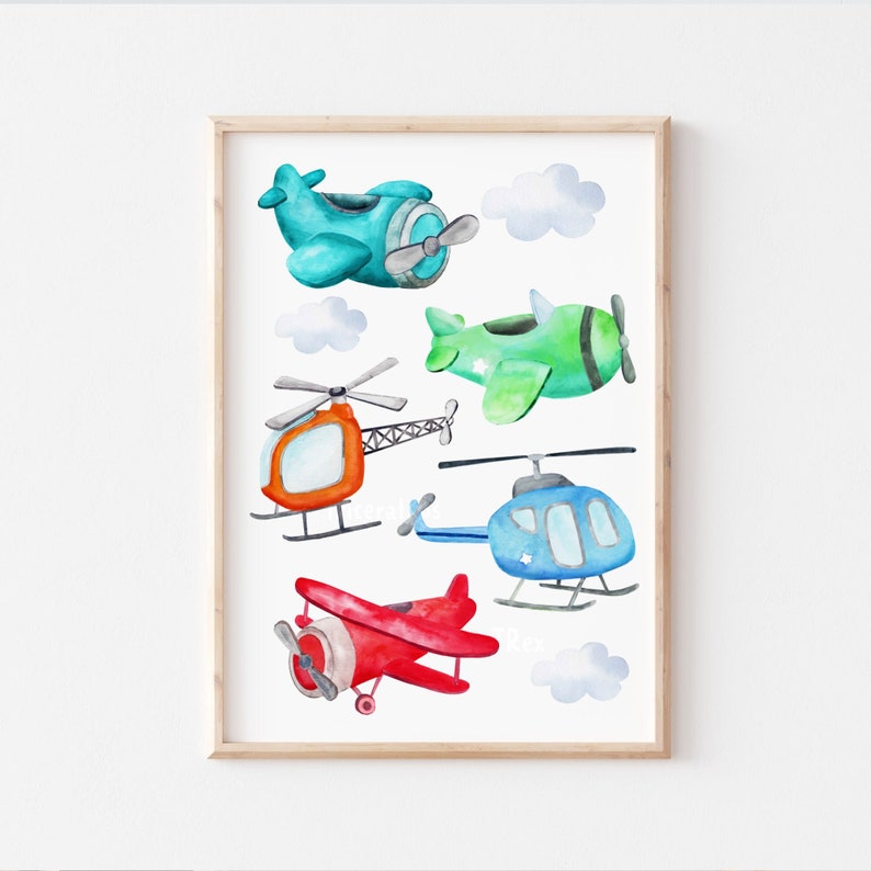 May include: Watercolor print featuring a collection of colorful airplanes and helicopters. The artwork includes a teal biplane, a green plane, an orange helicopter, a blue helicopter, and a red biplane, all set against a white background with fluffy clouds.