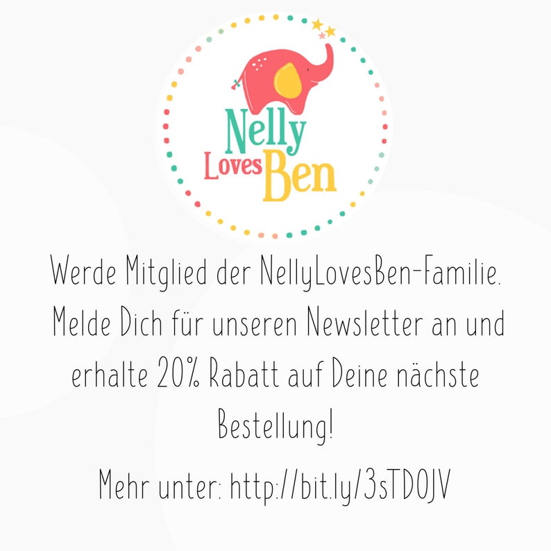 May include: A circular logo with a pink elephant and the text "Nelly Loves Ben" in green and yellow. The logo is surrounded by a dotted circle. Text below reads: "Become a member of the NellyLovesBen family."