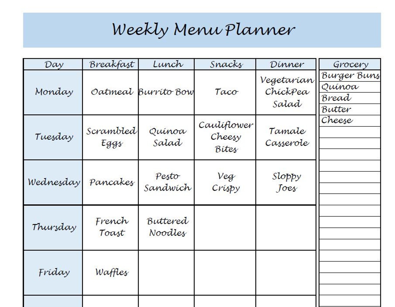 weekly meal planner with grocery list weekly meal planner with grocery list