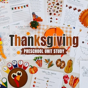 May include: Thanksgiving preschool unit study with worksheets, coloring pages, and a turkey cutout. Includes a pumpkin, corn, and other harvest-themed items. The word "Thanksgiving" is displayed in large letters.