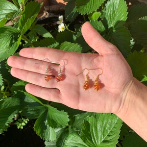 May include: A pair of dangle earrings with a spiral design. The earrings are made with a brown and gold wire and have silver and gold hooks.