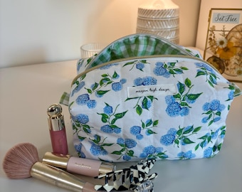 Handmade Quilted Blue Hydrangea Makeup Bag | Large Cosmetic Bag