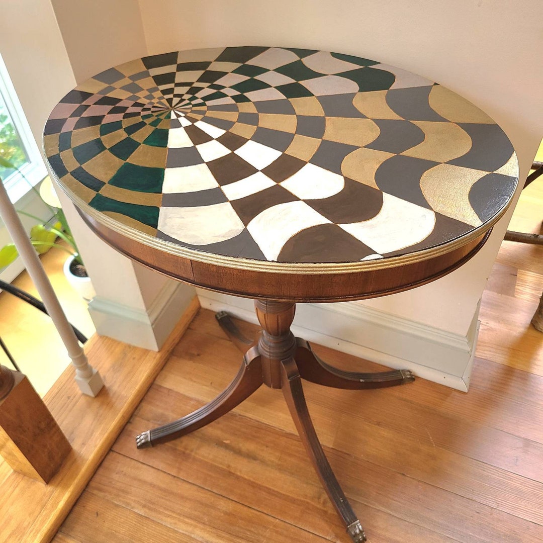 Vintage Oval Wooden Side Table Reimagined and Handpainted in a Optical