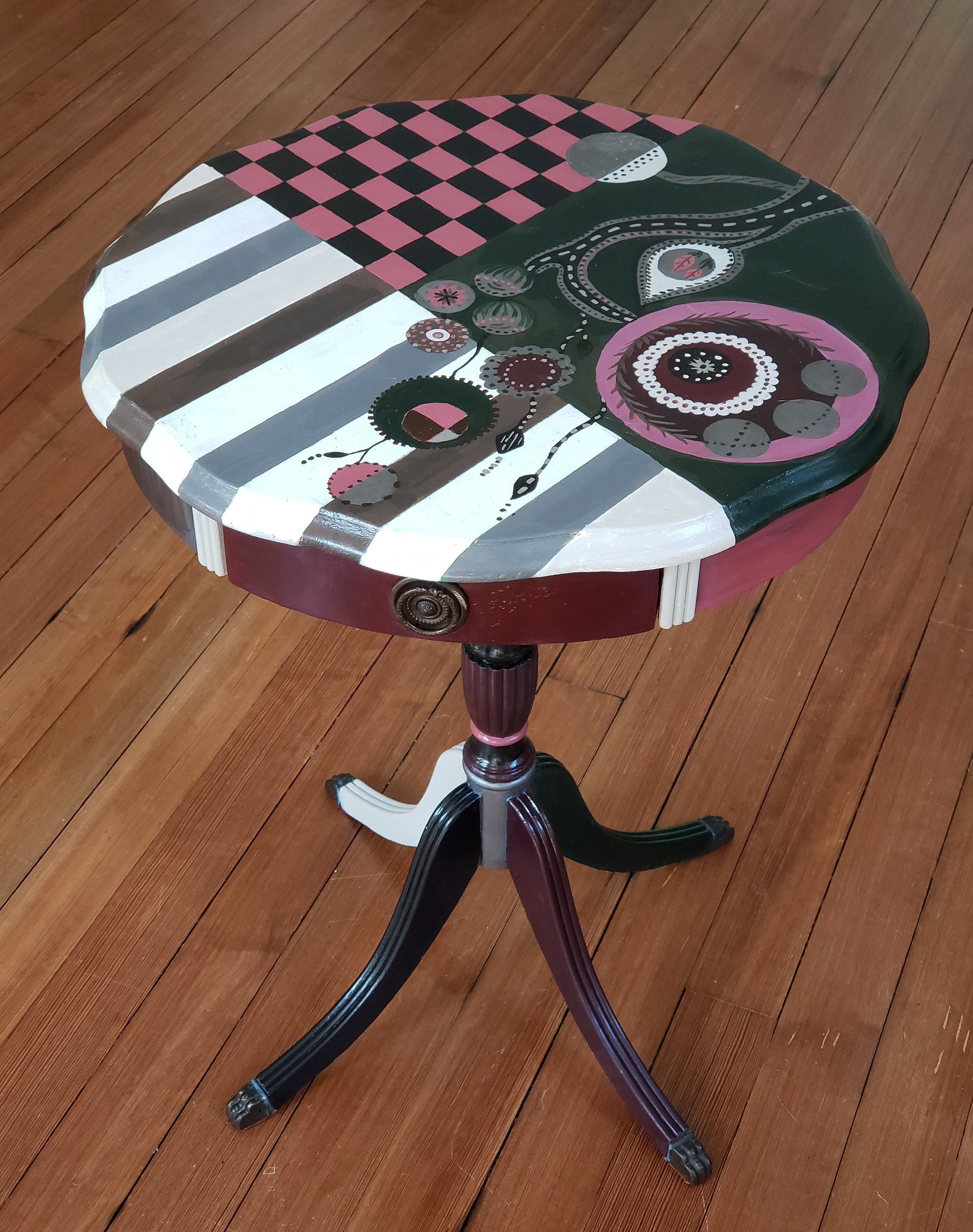 Vintage Accent Table Handpainted Whimsical Pedestal Drum Etsy