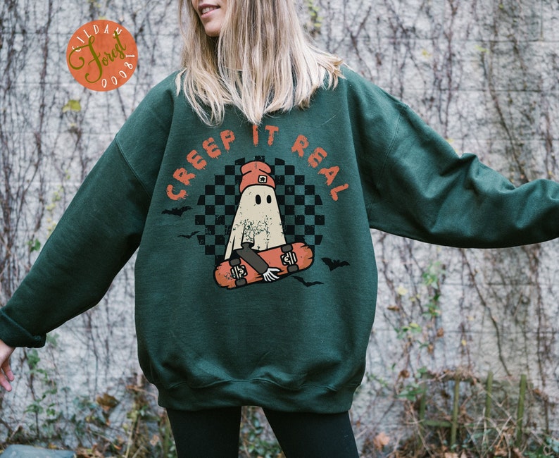 Creep it Real Retro Ghost Halloween Crewneck Sweatshirt for Women Sorority Halloween Party Sweater Oversized Graphic Fall Apparel Fall Shirt 