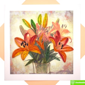 Gigli in vaso, biglietto d'auguri per quilling - Arte unica dedicata fatta a mano/fatta a cuore. Biglietto d'auguri di design per tutte le occasioni