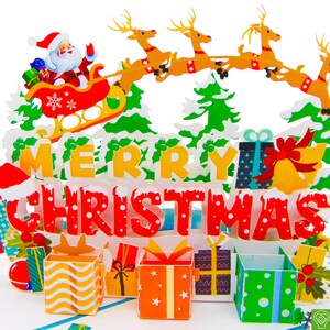 Papá Noel de Navidad monta renos, tarjeta emergente, tarjetas de felicitación emergentes 3D - Arte único dedicado hecho a mano / hecho a mano