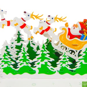 Papá Noel montando su trineo con renos, tarjeta emergente, tarjetas de felicitación emergentes 3D: arte único y dedicado hecho a mano/hecho con corazón