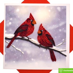 Winter Cardinals on Snowy Branch Quilling Greeting Card-Unico Dedicato Fatto a mano/Cuore. Progetta un biglietto di auguri per tutte le occasioni