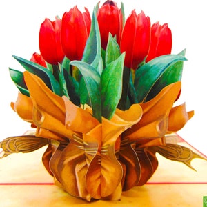 Buquê de tulipas, cartão pop-up, cartões pop-up 3D – arte exclusiva dedicada à mão/feita com coração. Design de cartão comemorativo para todas as ocasiões