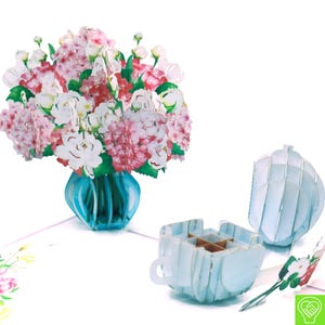 Tarjeta desplegable "Hora del Té con Hortensias", tarjetas de felicitación 3D desplegables - Arte único y artesanal. Diseño de tarjeta de felicitación para cualquier ocasión.