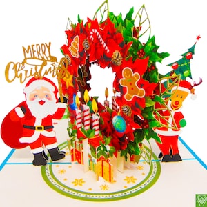 Bolsa de regalo y reno navideño de Papá Noel, tarjeta emergente, tarjetas de felicitación emergentes 3D: arte exclusivo hecho a mano/hecho con corazón